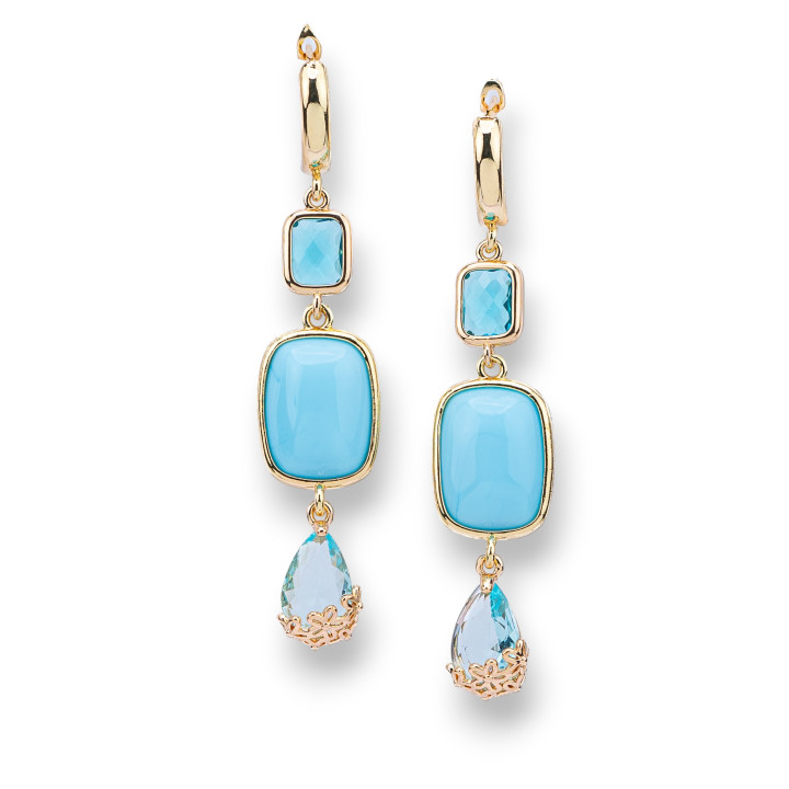 Bronze Stud Earrings With Zircons And Cat's Eye 14x65mm Turquoise