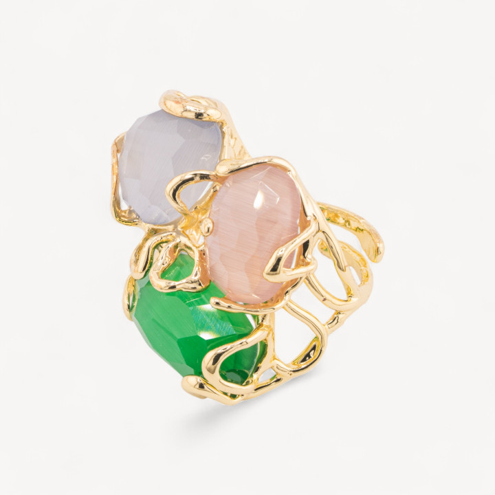 Anello Regolabile in Bronzo Dorato Collezione AURORA con Occhio Di Gatto MIX CHIARO CASUALE | Gioiello Artigianale Donna 32x36m