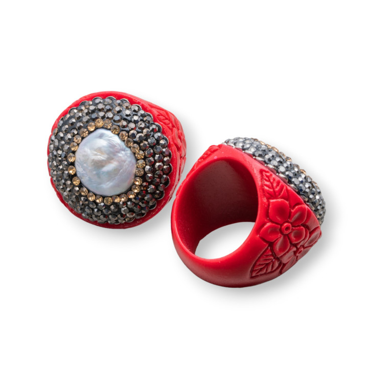 Anillo De Resina Con Marcasita Strass 30mm Y Perlas Barrocas Rojas