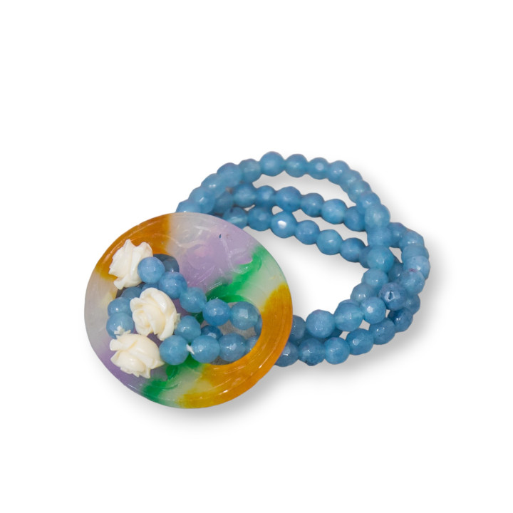 Elastic Bracelet with 3 Strands of Semi-precious Stones with Burmese Jade and Angelite Resin Roses