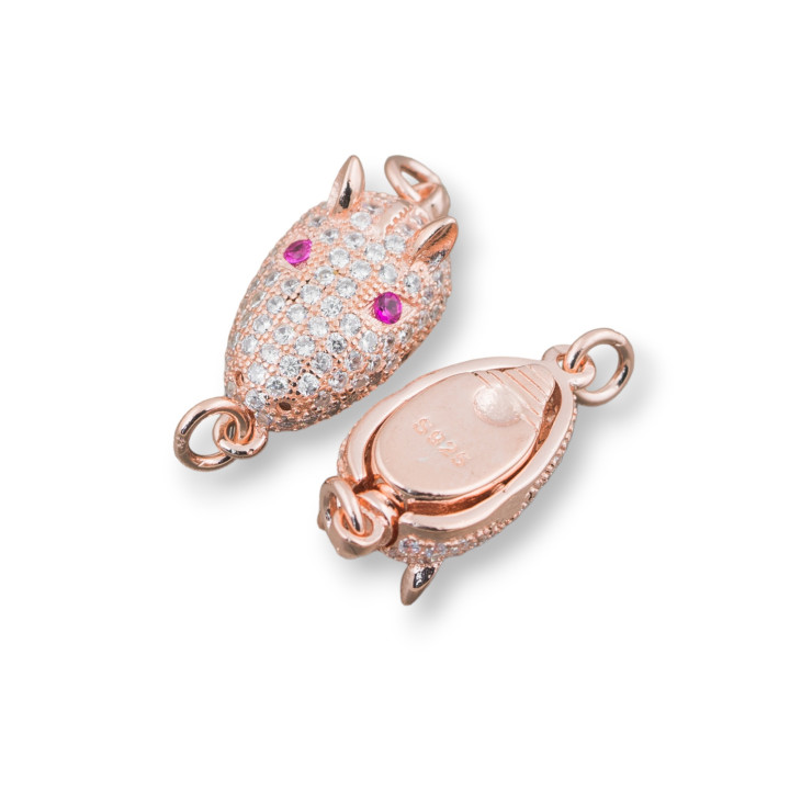 Fermoir en argent sterling 925 avec tête de tatou micropave zircons 8,5x14mm 4pcs or rose avec ochhio rouge