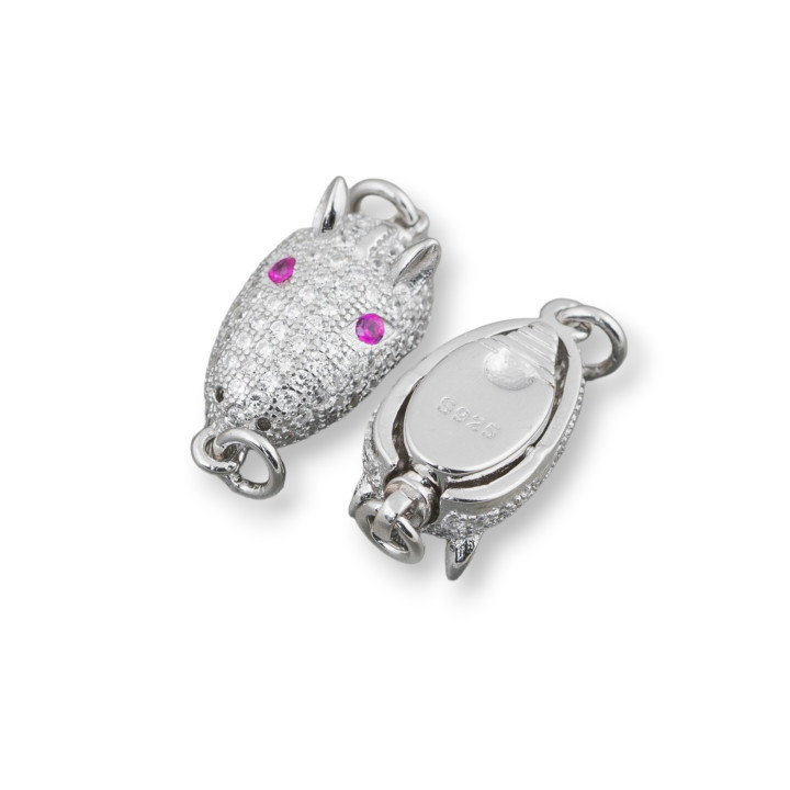 Fermoir en Argent Sterling 925 avec Micropave Zircons Tête de Tatou 8,5x14mm 4pcs Rhodié aux Yeux Rouges