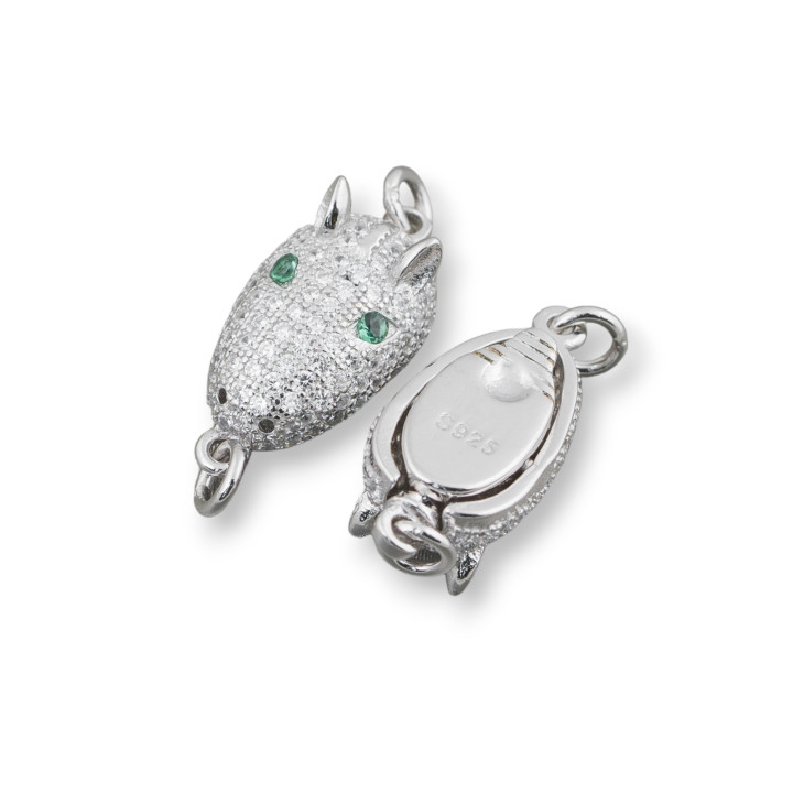 Chiusura Di Argento 925 Con Zirconi Micropave Testa Di Armadillo 8,5x14mm 2pz Rodiato Con Occhi Verde
