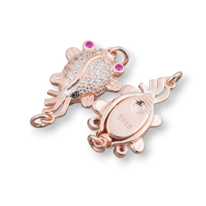 Chiusura Di Argento 925 Con Zirconi Pesce Rosso 13x20mm 2pz Oro Rosa Occhi Rossi