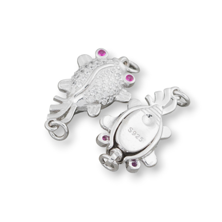 925 Silver Clasp With Zircons Goldfish 13x20mm 3pcs Rhodium Plated Red Eyes