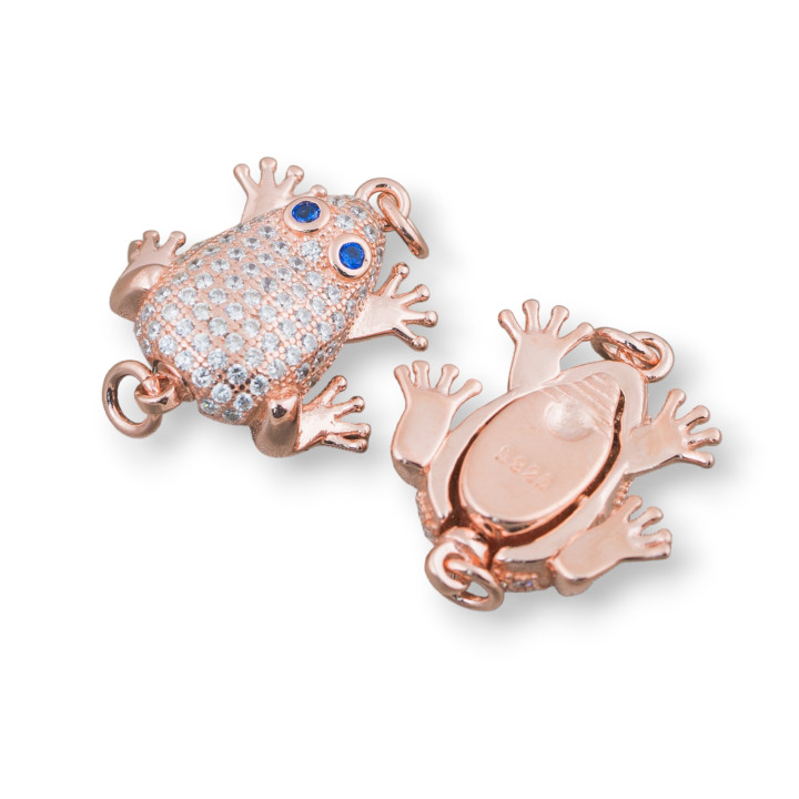 Cierre De Plata 925 Con Rana Circonitas 16x19mm 3pzas Oro Rosa Con Ojos Azules