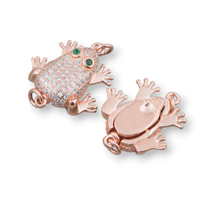 Chiusura Di Argento 925 Con Zirconi Rana 16x19mm 1pz Oro Rosa Con Occhi Verde