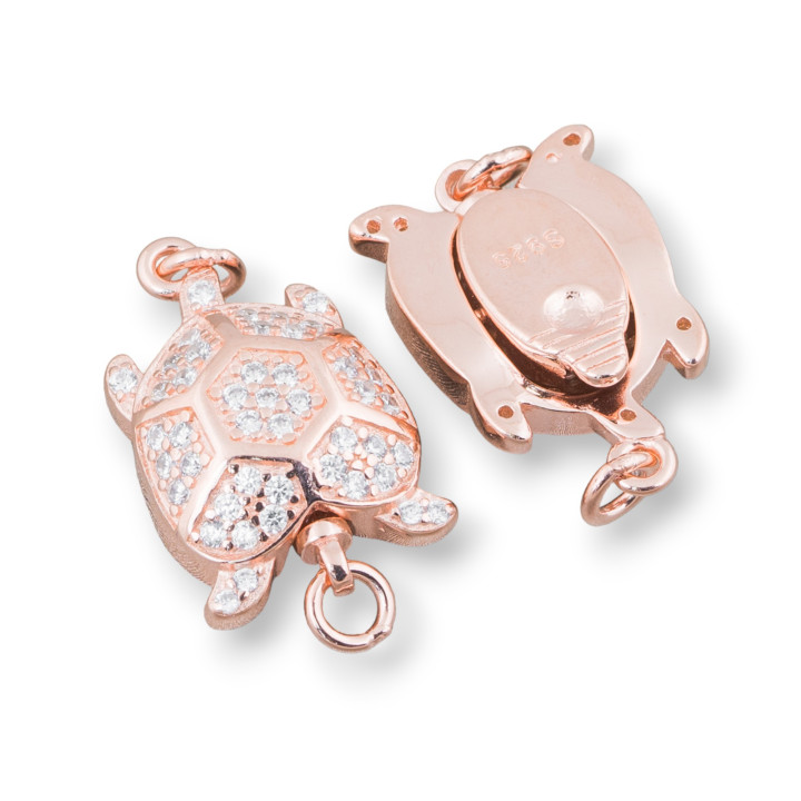 Chiusura Di Argento 925 Con Zirconi Tartaruga 12x18mm 1pz Oro Rosa