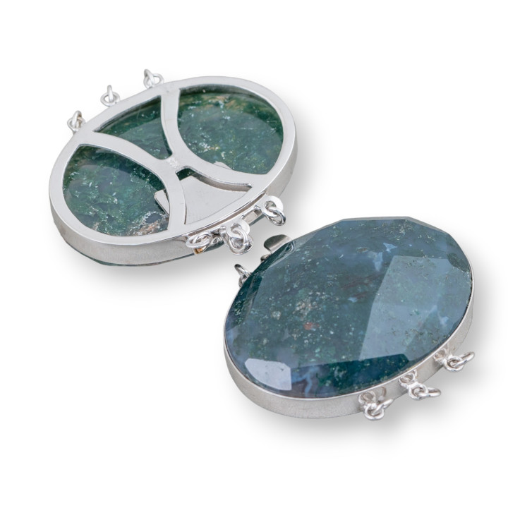 Clasp In 925 Silver And Semi-precious Stones Faceted Oval 30x40mm - Moss Agate
