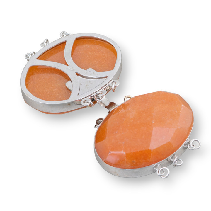 Clasp In 925 Silver And Semi-precious Stones Faceted Oval 30x40mm - Red Aventurine (Eosite)
