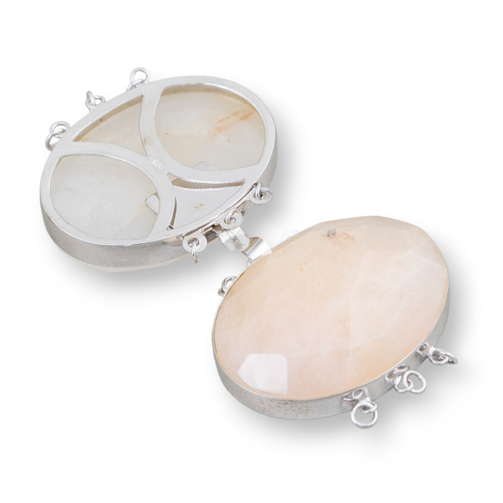 Fermoir En Argent 925 Et Pierres Dures Ovale Facette 30x40mm - Calcite