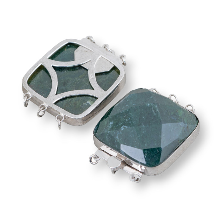 Clasp In 925 Silver And Semi-precious Stones Faceted Square 30mm - Moss Agate