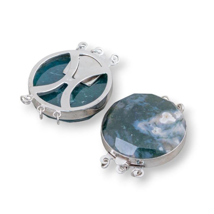 Fermoir En Argent 925 Et Pierres Dures Rondes Facettes 30mm - Agate Mousse