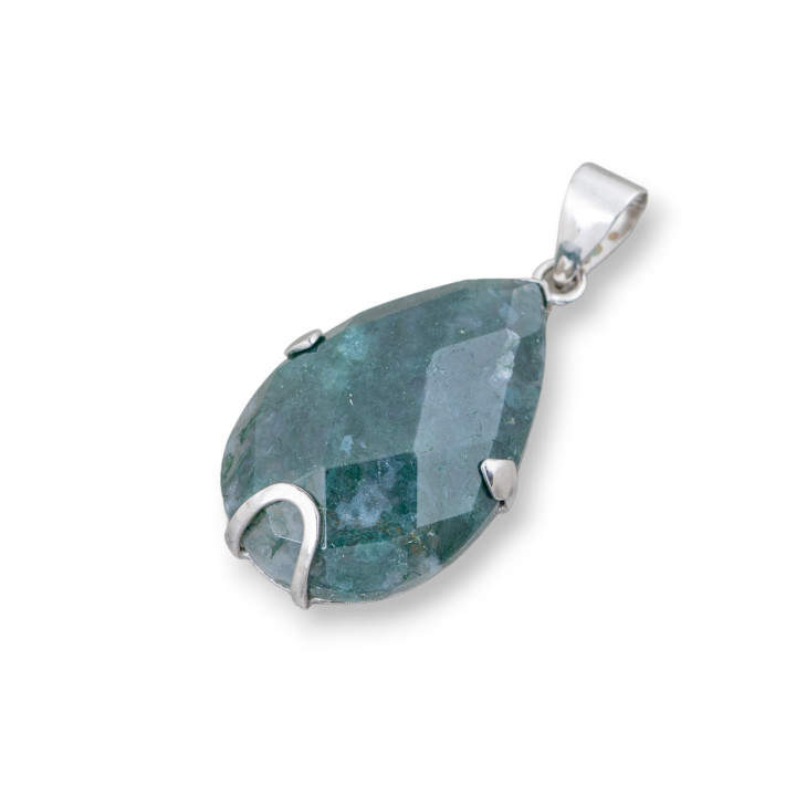 Pendentif Argent 925 Et Pierres Dures 20x30mm Goutte Plate Facette - Agate Mousse