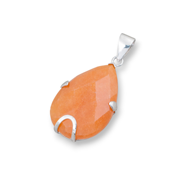 Pendant of 925 Silver and Semi-precious Stones, Faceted Flat Drop 20x30mm - Red Aventurine (Eosite)