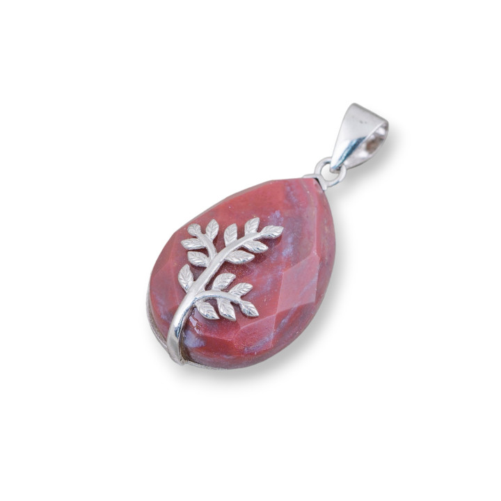 Pendentif Argent 925 Et Pierres Dures Goutte Plate Facette 20x32mm Agate Indienne Rouge