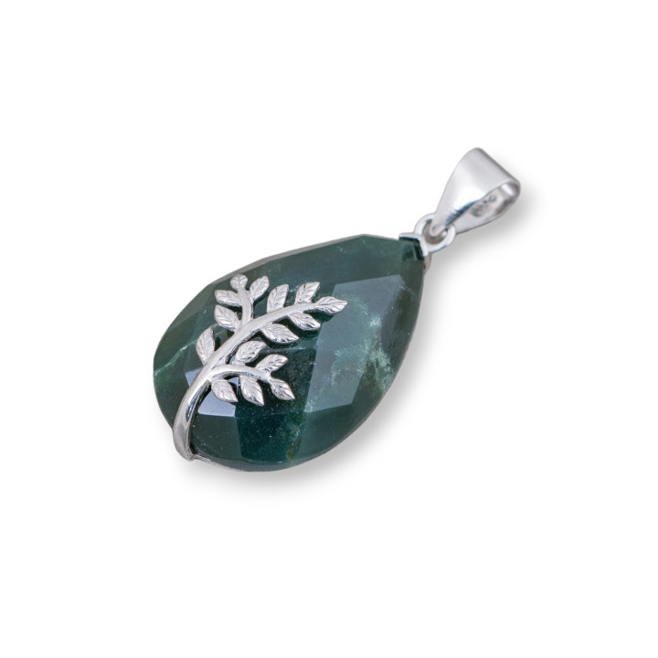Anhänger aus 925er Sterlingsilber und harte Steine 20 x 32 mm facettierter Flachtropfen-Moosachat
