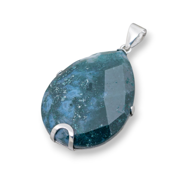 Colgante De Plata De Ley 925 Y Piedras Duras Gota Plana Facetada 30x40mm - Ágata Musgosa