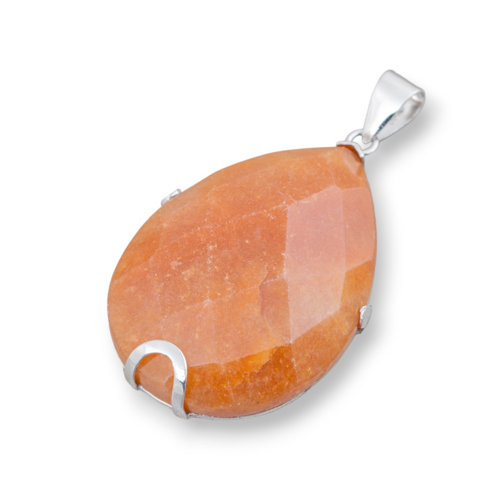 Pendentif Argent 925 Et Pierres Dures Goutte Plate Facette 30x40mm - Aventurine Rouge (Eosite)