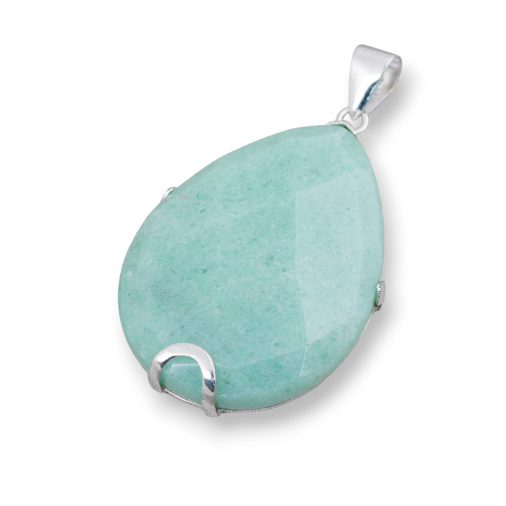 Pendentif Argent 925 Et Pierres Dures Goutte Plate Facette 30x40mm - Aventurine Verte