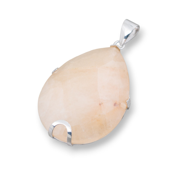 Pendant of 925 Silver and Semi-precious Stones Faceted Flat Drop 30x40mm - Calcite