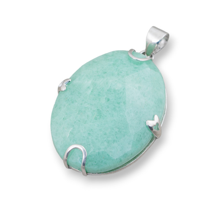 Pendentif Argent Massif 925 Et Pierres Dures Ovale Plat Facette 30x40mm Aventurine Verte