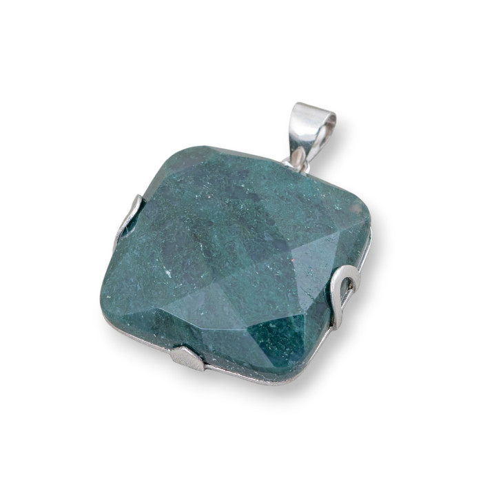 Pendentif Argent 925 Et Pierres Dures Carré Plat Facette 30mm - Agate Mousse