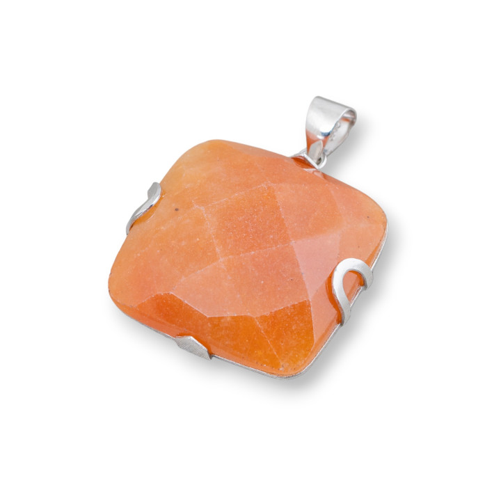 Colgante Plata 925 Y Piedras Duras Cuadrado Plano Facetado 30mm - Aventurina Roja (Eosita)