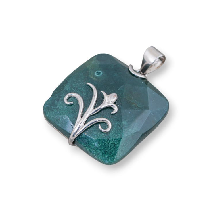 Colgante De Plata De Ley 925 Y Piedras Duras Cuadrado Plano Facetado 30mm Mod2 Moss Agate