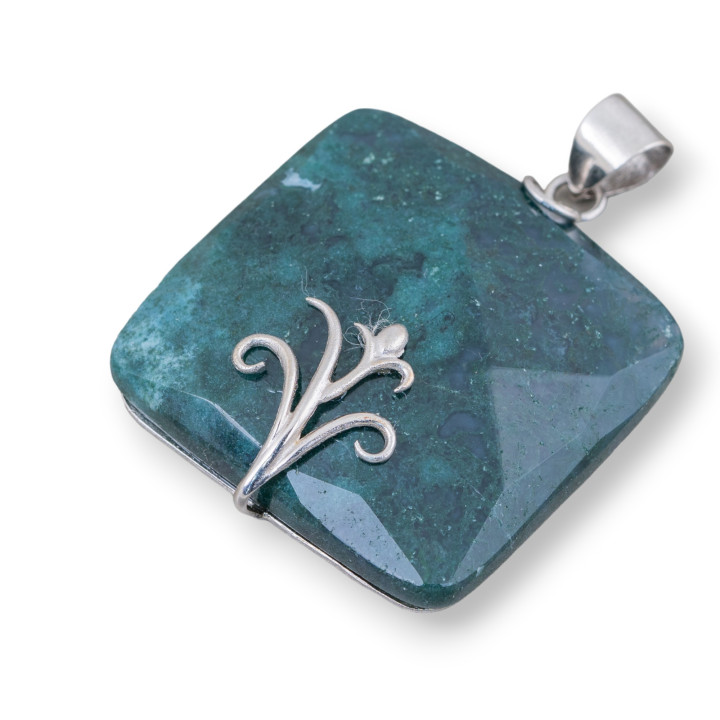 Colgante De Plata De Ley 925 Y Piedras Duras Cuadrado Plano Facetado 40mm Ágata Musgosa
