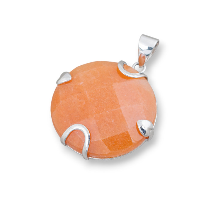925 Silver and Semiprecious Stones Pendant Round Flat Faceted 30mm - Red Aventurine (Eosite)