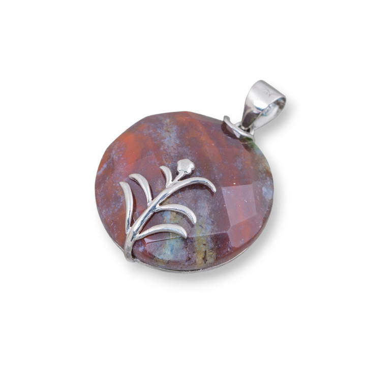 Ciondolo di Argento 925 E Pietre Dure Tondo Piatto Sfaccettato 30mm Agata Indiana