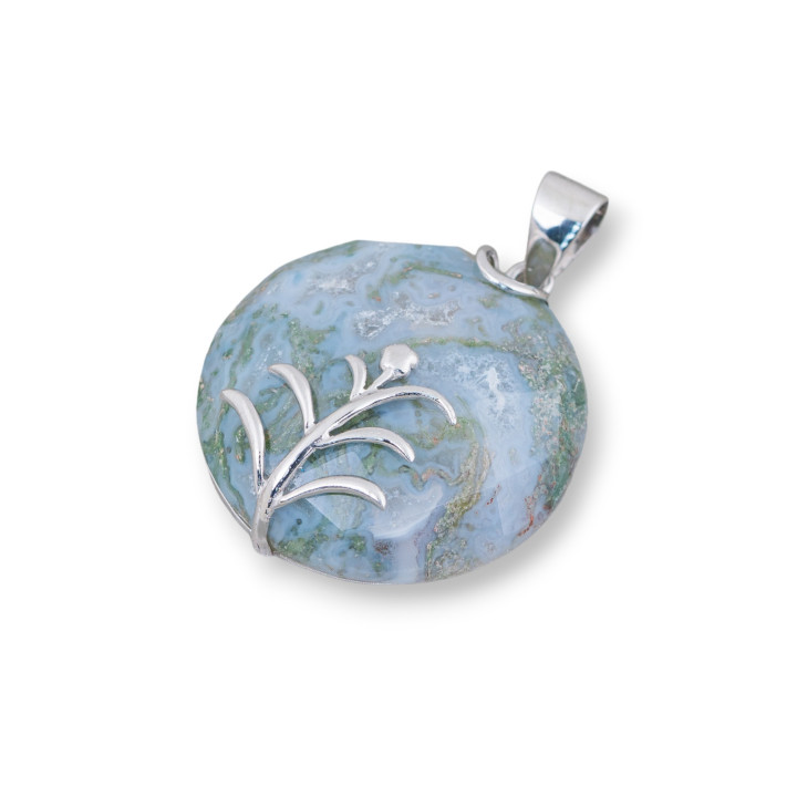 Pendant of 925 Silver and Semiprecious Stones Round Flat Faceted 30mm Green Indian Agate