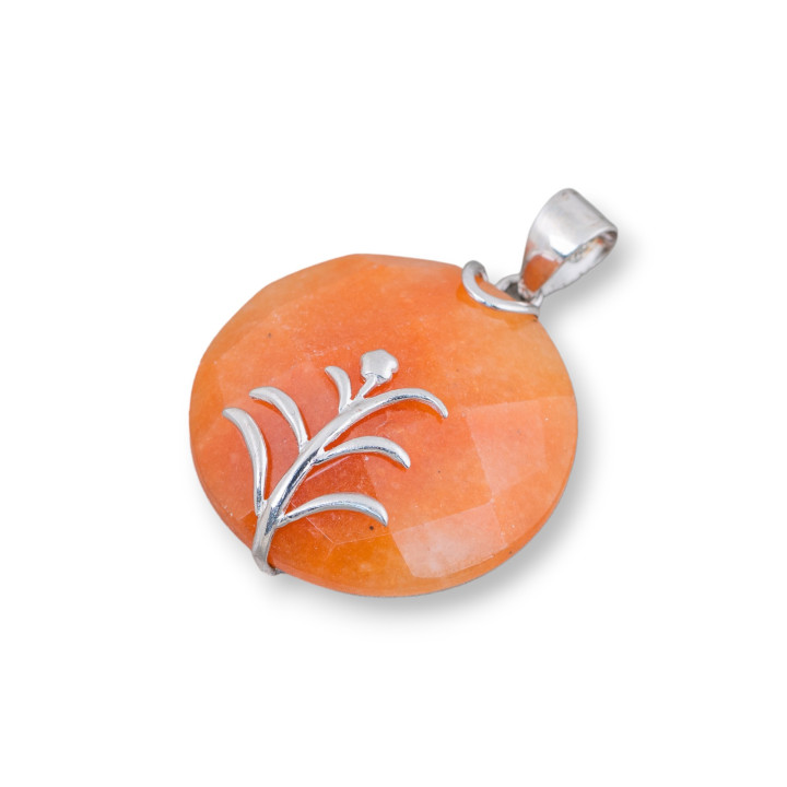 Anhänger aus 925er Sterlingsilber und flachen runden facettierten Edelsteinen 30 mm roter Aventurin (Eosit)