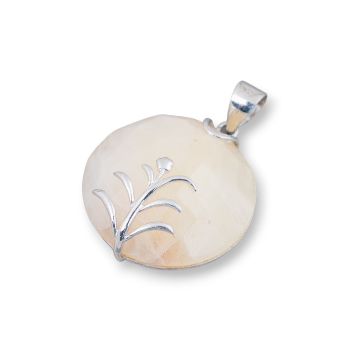 Ciondolo di Argento 925 E Pietre Dure Tondo Piatto Sfaccettato 30mm Calcite