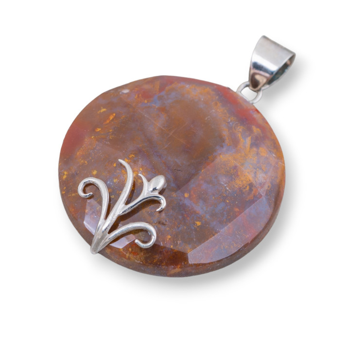 Pendentif Argent 925 Et Pierres Plates Rondes Facettes 40mm - Agate Indienne