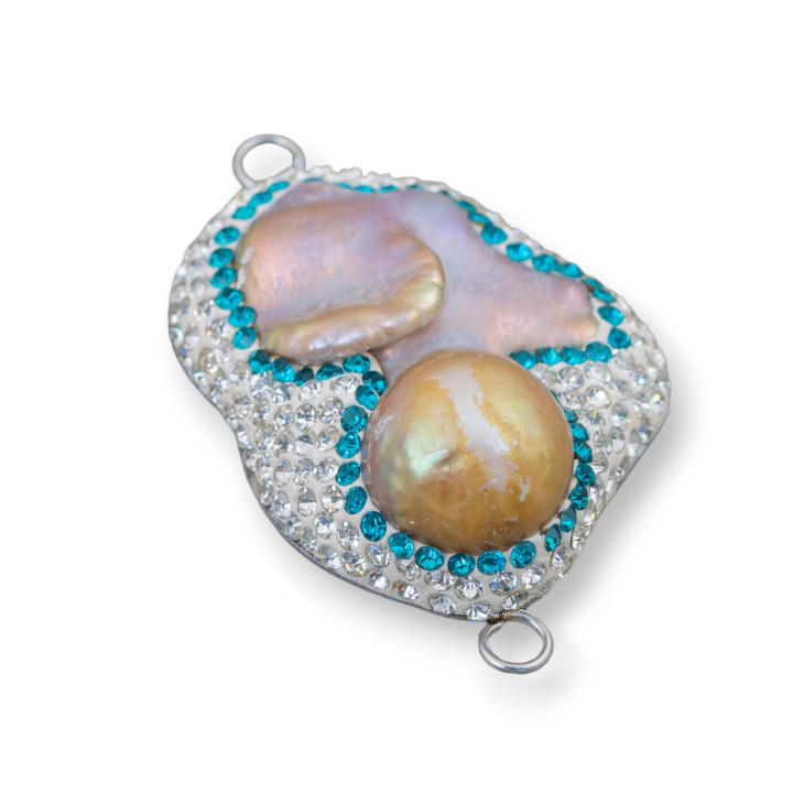 Baroque River Pearl Cabochon Component with Rhinestones and Brass Irregular Shape 30x48mm 1pc White and Light Blue with Lilac Pe