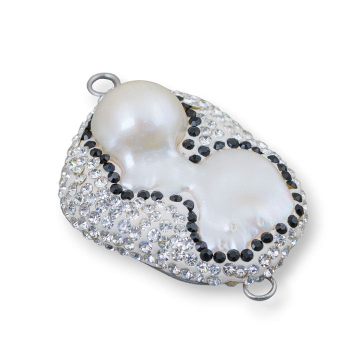 Componente Cabochon Di Perle Di Fiume Barocche Con Strass E Ottone Forma Irregolare 30x48mm 1pz Bianco E Nero