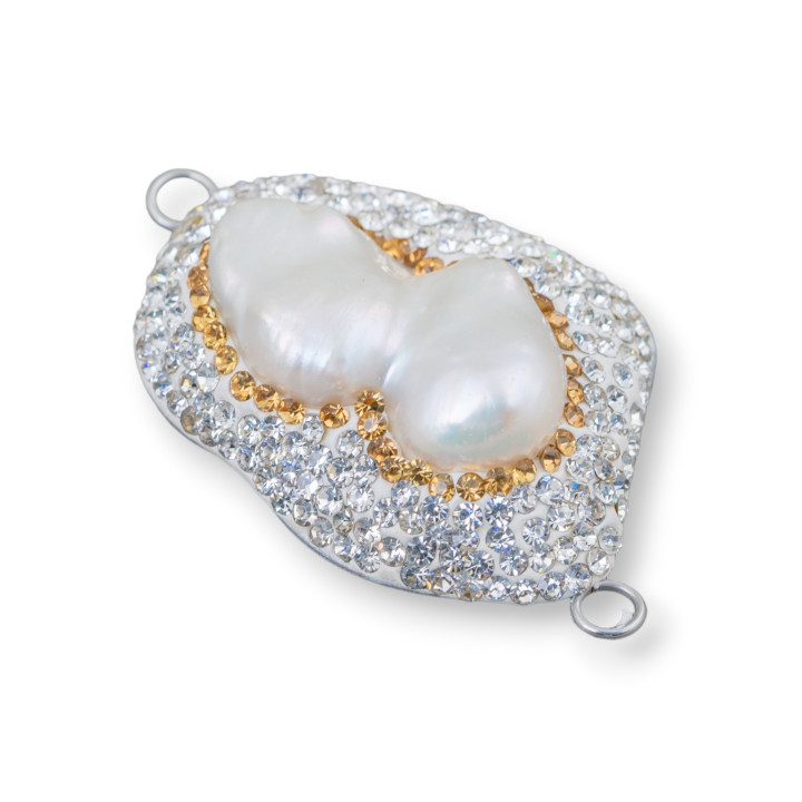 Cabochon Component Of Baroque River Pearls With Rhinestones And Brass Irregular Shape 30x48mm 1pc White And Gold