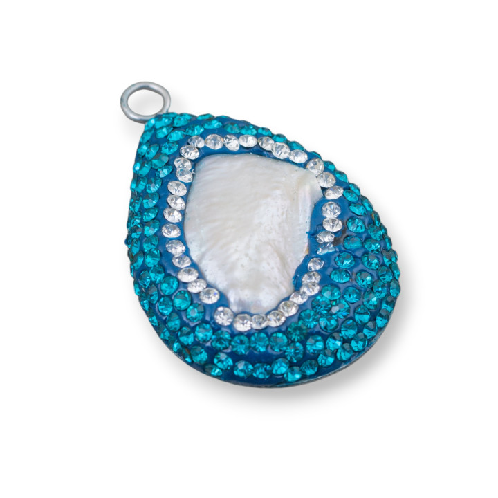 Baroque River Pearl Cabochon Component with Rhinestones and Brass Irregular Shape 30x48mm 1pc Blue and White