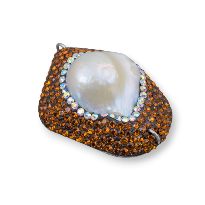 Componente Cabochon Di Perle Di Fiume Barocche Con Strass E Ottone Forma Irregolare 30x48mm 1pz Marrone E Bianco