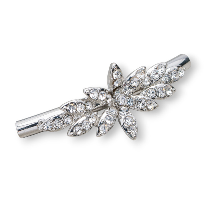 Brass Components Tube with Flowers and Rhinestones 45mm 16pcs Rhodium Plated