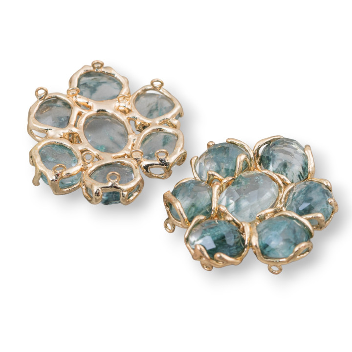 Zwischenstück aus Messing mit 7 Edelstein-Cabochons, 1 Stück Phantomquarz, golden