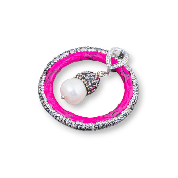 Zwischenstück aus Kunstleder aus Flussperlen mit Markasit Strass 45mm Fuchsia