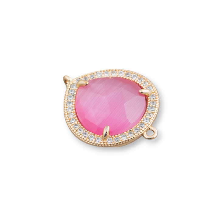 Conector de componente de latón con ojo de gato incrustado y circonitas de gota 16x16mm 10pcs Golden Fuchsia