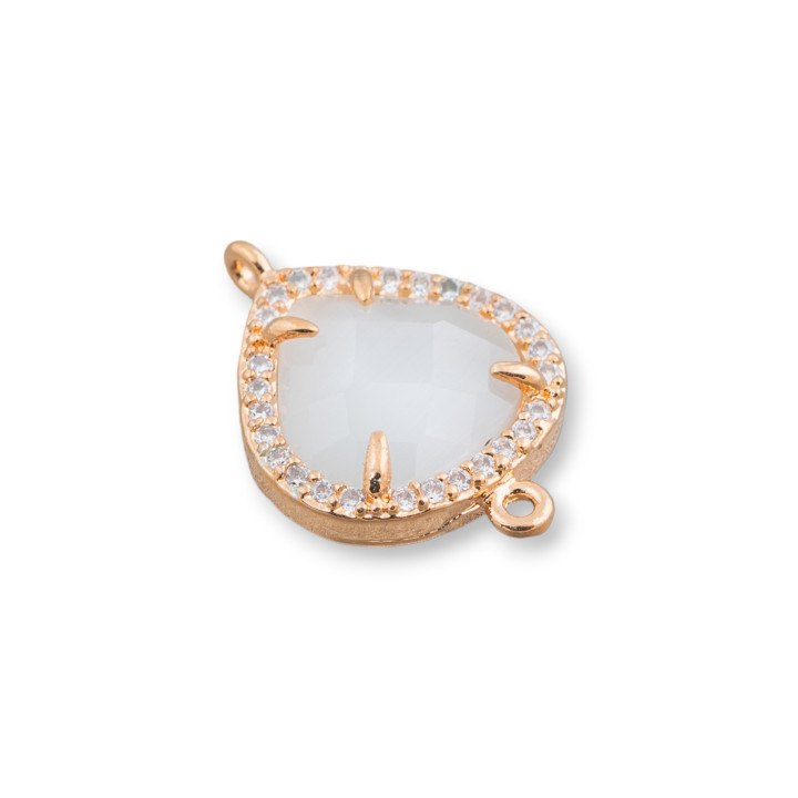 Conector de componente de latón con ojo de gato integrado y circonitas de gota 2 16x16 mm 10 piezas Blanco dorado