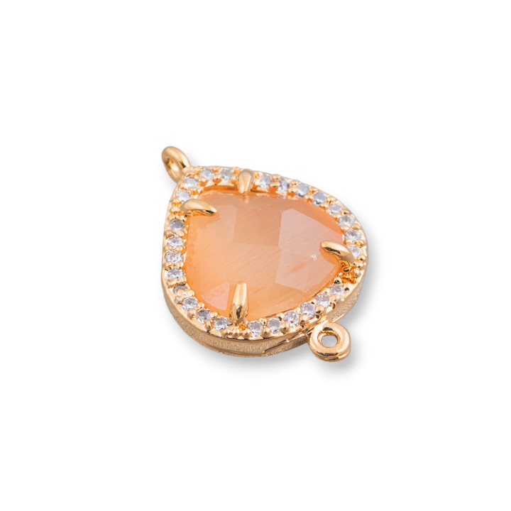 Μπρούτζινος σύνδεσμος εξαρτημάτων με σετ Cat's Eye and Zircons Drop 2 16x16mm 10τμχ Golden Peach