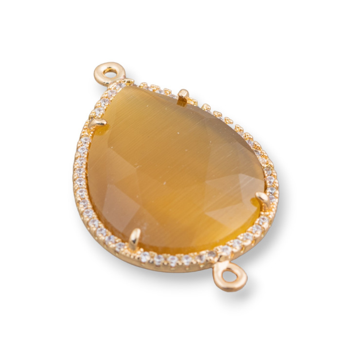 Conector de componente de latón con ojo de gato incrustado y circonitas de gota 22x30 mm con 2 anillos 6 piezas marrón dorado