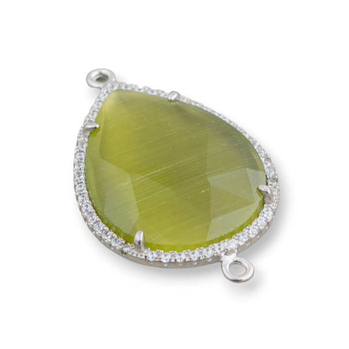 Messing-Komponentenverbinder mit eingebettetem Katzenauge und Tropfenzirkonen 22 x 30 mm mit 2 Ringen 6 Stück Rhodium Green Fore