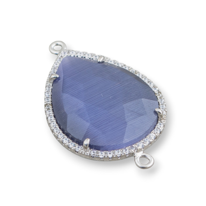 Connecteur Laiton Oeil de Chat et Goutte Zircons 22x30mm Avec 2 Anneaux 6pcs Rhodium Bleu Violet